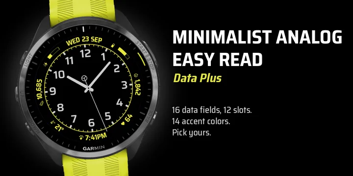 Store banner: Minimalist Analog Easy Read - Data Plus on a Garmin watch, with the name and its highlights.