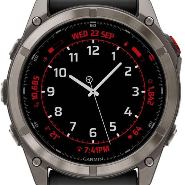 Minimalist Analog Easy Read - Data Plus on a fēnix 8 Pro. Red accent.