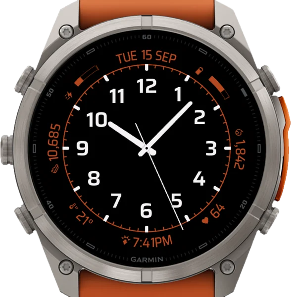 Minimalist Analog Easy Read - Data Plus on a fēnix 9 Pro 51 mm. Orange accent.