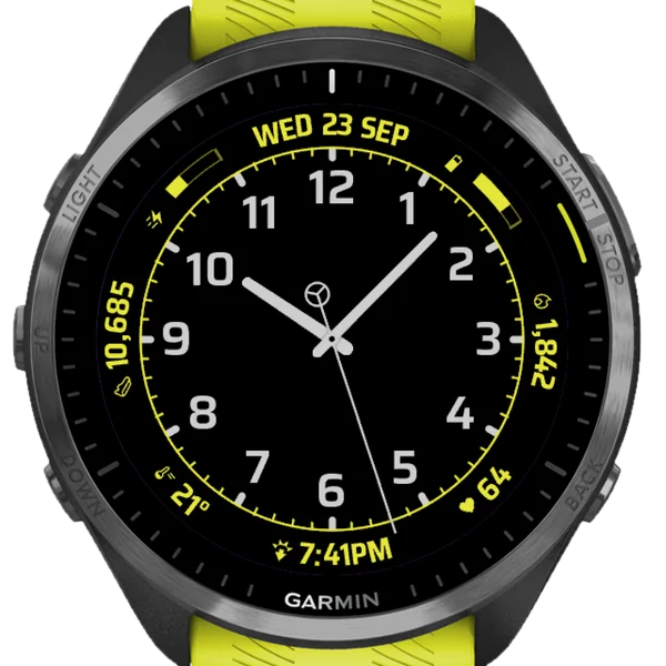 Minimalist Analog Easy Read - Data Plus on a Forerunner 965. Yellow accent.