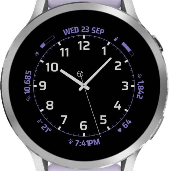 Minimalist Analog Easy Read - Data Plus on a Venu 4. Purple accent.