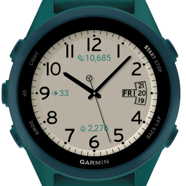 Minimalist Analog Easy Read Light on a Forerunner 170. Teal accent.