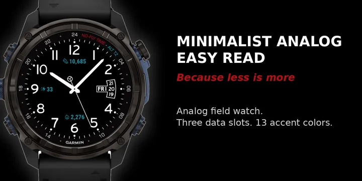 Store banner: Minimalist Analog Easy Read on a Garmin watch, with the name and its highlights.