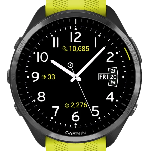 Minimalist Analog Easy Read on a Forerunner 965. Yellow accent.